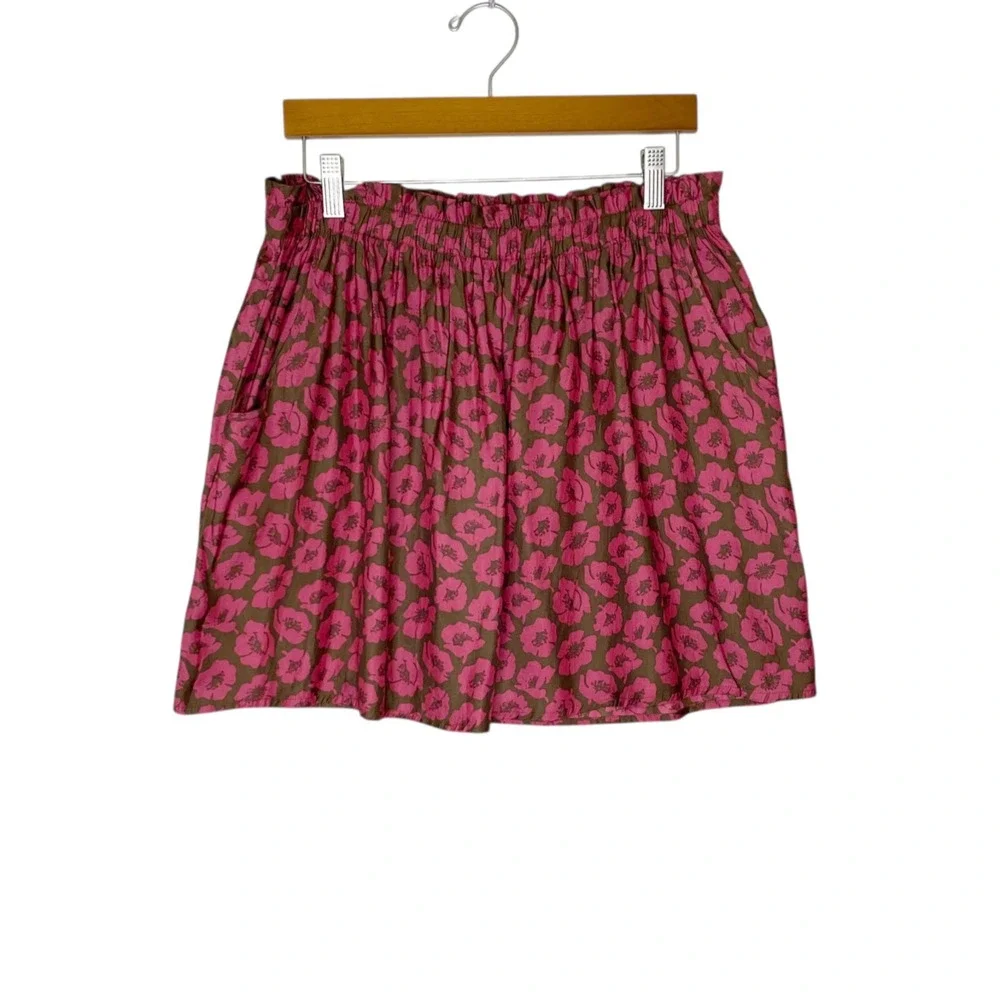 American Eagle Outfitters Skirt Women Large Brown/Pink Poppies Pockets Elastic W